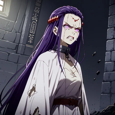zPDXL3, score_9_up, score_8_up, score_7_up, (Anime_source), 1girl, standing, looking at viewer, angry, QueenGizelotte, purple eyes, purple hair, very long hair, white rags, white cloth, long rags, slave, ripped clothes, crying, kneeling, glowing eyes, sinozick style, flat color, dark theme,