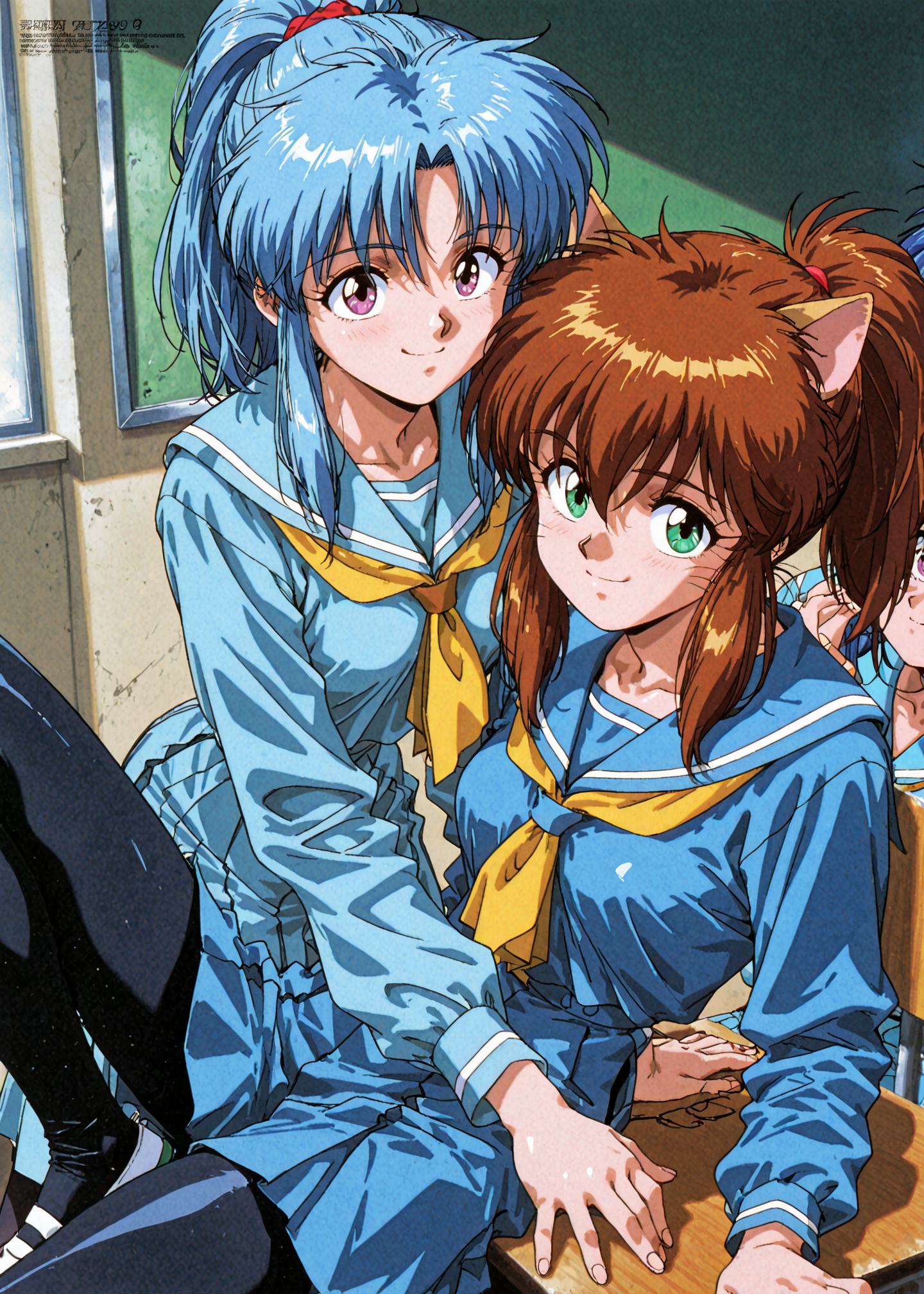 2girls,1girl is koto,1girl is botan,(looking at viewer), score_9, score_8_up, score_7_up, score_6_up,
official style, medium breasts, smile,megami magazine, in classroom, black pantyhose, uwabaki,
<lora:dmd2_sdxl_4step:1>masterpiece, best quality, newest, absurdres, safe
<lora:koto_ilxl_v1.0:0.8> koto,brown hair,green eyes,whiskers,((school uniform)), ((serafuku)), long sleeves, ((blue shirt)), yellow neckerchief, blue sailor collar, blue skirt, pleated skirt, yuri,
<lora:illustriousXL_v01:1>  <lora:NEW ERA_v2.1:0.8> retro artstyle, 1990s \(style\)
<lora:Botan_IL_v1:0.7> botan, blue hair, purple eyes, parted bangs, sidelocks, ponytail,school uniform, serafuku, long sleeves, blue shirt, yellow neckerchief, blue sailor collar, blue skirt, pleated skirt, long skirt,  <lora:AIã¤ã©ã¹ããããã_style_illustrious_goofy:0.8> shiny skin,shiny clothes,
