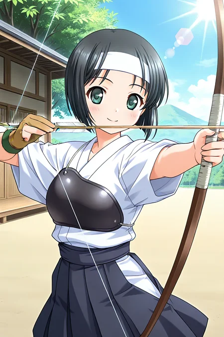 masterpiece, best quality, absurdres, official art, official style, general BREAK <lora:akiyamafumio_IL_v1-1:0.7>, akiyama fumio, kyuudou, 1girl, solo, green eyes, black hair, short hair, parted bangs, white headband, japanese clothes, yugake, white kimono, muneate, blue hakama, hakama skirt, single glove, partially fingerless gloves, arrow, projectile, holding bow, holding arrow, aiming, drawing bow, lens flare, blush, smile, looking at viewer, outstretched arm, cowboy shot, day, tree, blue sky