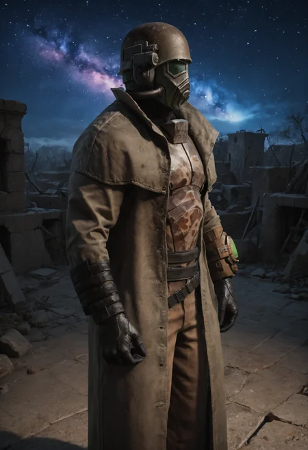 (score_9, score_8_up:1.1), score_7_up, realistic photograph
d3sertranger, helmet, 1boy, (muscular), black gloves, gas mask, front view, night starry_sky sunset city ruins, <lora:desert_ranger_v1.1.6_pony:1>