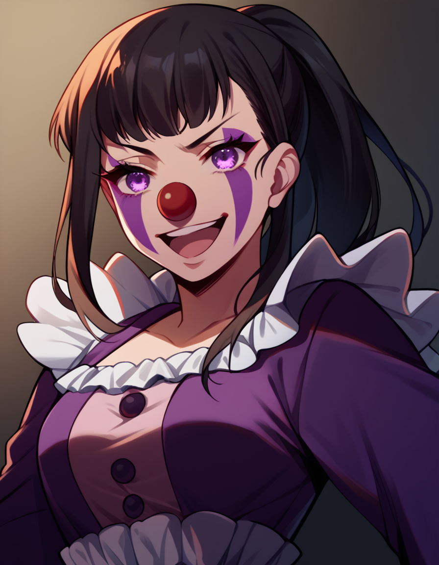 score_9, score_8_up, score_7_up, source_anime, <lora:maki-oze-s1s2-ponyxl-lora-nochekaiser:1>, maki oze, long hair, bangs, black hair, purple eyes, ponytail, medium breasts,, <lora:clown-ponyxl-lora-nochekaiser:1>, clown, makeup, clown nose, facepaint, gloves, long sleeves, frills, dress,, smile, open mouth, smug, , dutch angle, cowboy shot