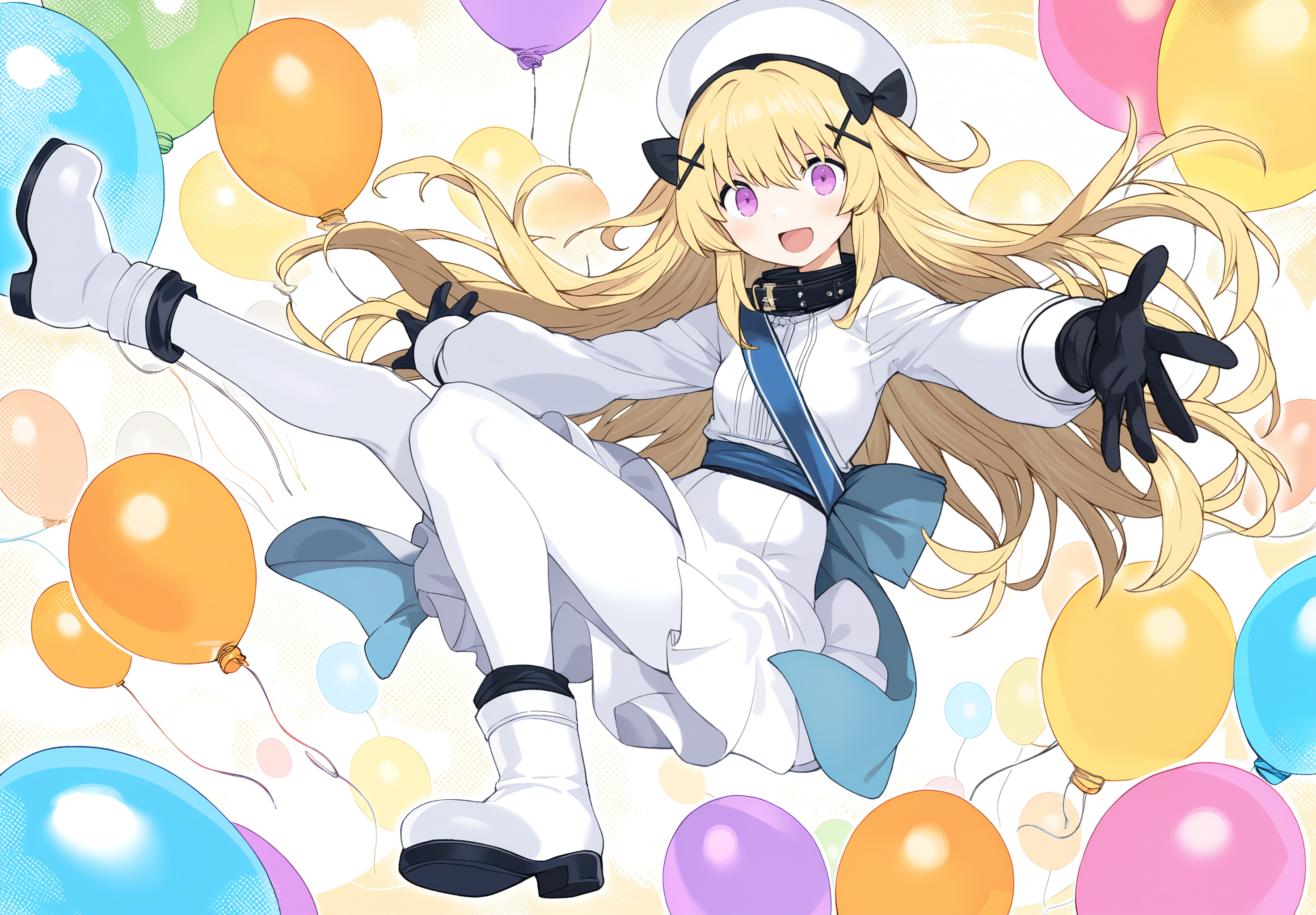 masterpiece,absurdres,best quality,high quality,<lora:Cool Rance V4 Vpred Noob:1>,1girl,:d,abstract background,balloon,black bow,black collar,black gloves,blonde hair,blue sash,blush,boots,bow,collar,full body,gloves,hair bow,hair ornament,hair spread out,hat,high-waist skirt,long hair,long sleeves,looking at viewer,open mouth,pantyhose,purple eyes,reaching,reaching towards viewer,sash,shirt,skirt,smile,solo,white boots,white hat,white pantyhose,white shirt,white skirt,x hair ornament,