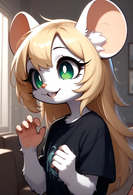 score_9, score_8_up, score_7_up, source_furry, FMW1, fluffy, painterly, vibrant details, indoors, Chloe, 1girl, solo, long hair, blonde hair, animal ears, (green eyes, gradient eyes:1.5), furry female, mouse ears, mouse girl, mouse tail, body fur ,white fur, bangs, animal nose, buck teeth, 
upper body, headshot, long eyelashes, wide smile, parted lips, black t-shirt, hands up