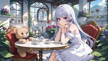 score_max, (score_9, score_8_up, score_7_up:1.2), score_6_up, official art, anime screencap,
, masterpiece, absurdres, high detail, 8k,
garden, garden table, white table, white chair, tea set, purple rose, from side, stuffed toy on table, teddy bear, stuffed rabbit,
sitting, head rest, light smile, blush, crossed legs,
luxu, long hair, white dress, bare shoulders, puffy short sleeves,
<lora:XL_Pony_MGCM-luxuria-t1:1>