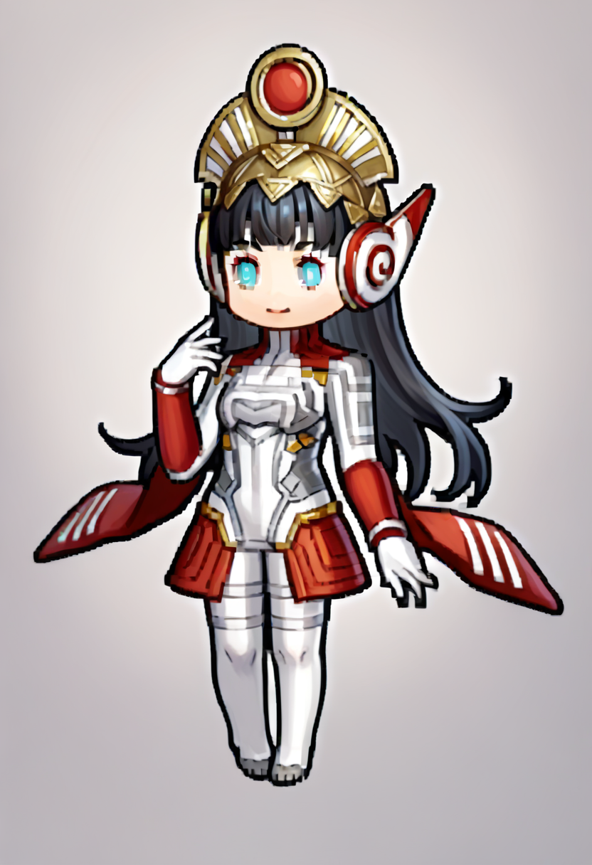 score_9, score_8_up, score_7_up, source_anime, 1girl, smile, <lora:Feh-Sprites-pdxl_Fp:1> simple background, chibi, full body, <lora:zs_PanagiaTaoXL:1> panagiataosmtv, long hair, black hair, blunt bangs, blue eyes, helmet, white bodysuit, white gloves, red sleeves, red skirt