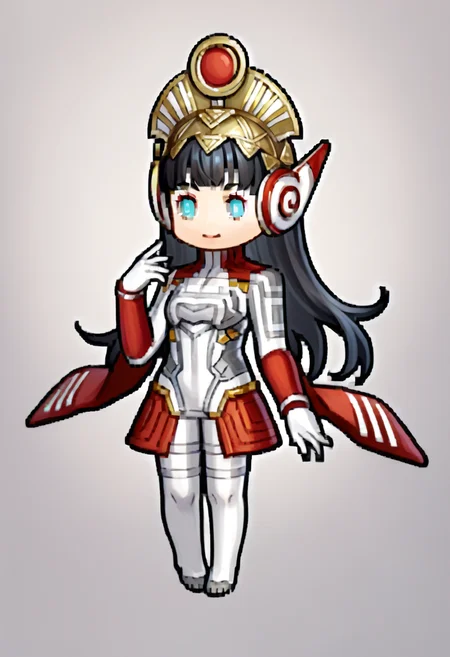 score_9, score_8_up, score_7_up, source_anime, 1girl, smile, <lora:Feh-Sprites-pdxl_Fp:1> simple background, chibi, full body, <lora:zs_PanagiaTaoXL:1> panagiataosmtv, long hair, black hair, blunt bangs, blue eyes, helmet, white bodysuit, white gloves, red sleeves, red skirt