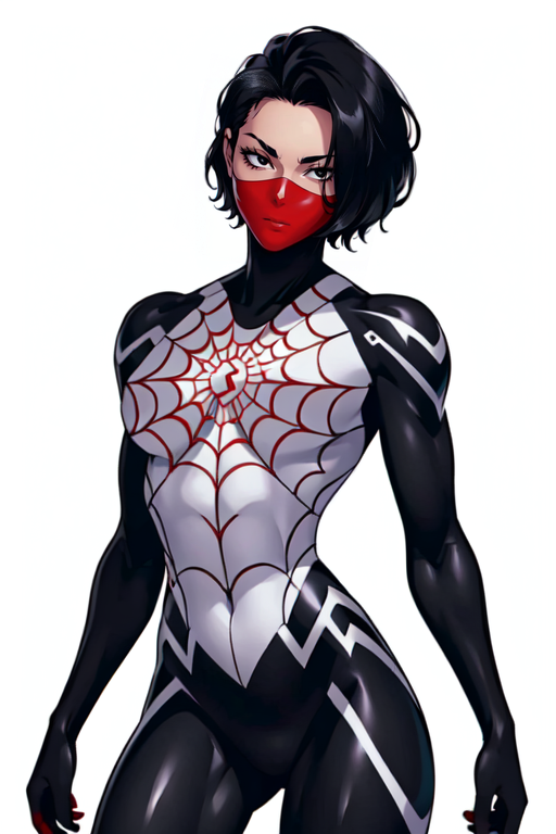 masterpiece,best quality,extreme detail,8k,white background,<lora:silk:0.8>,CindyMoon,1girl,solo,breasts,looking at viewer,simple background,black hair,white background,medium breasts,bodysuit,mask,mouth mask,superhero,spider web print,short hair,black eyes,cowboy_shot,upper_body,