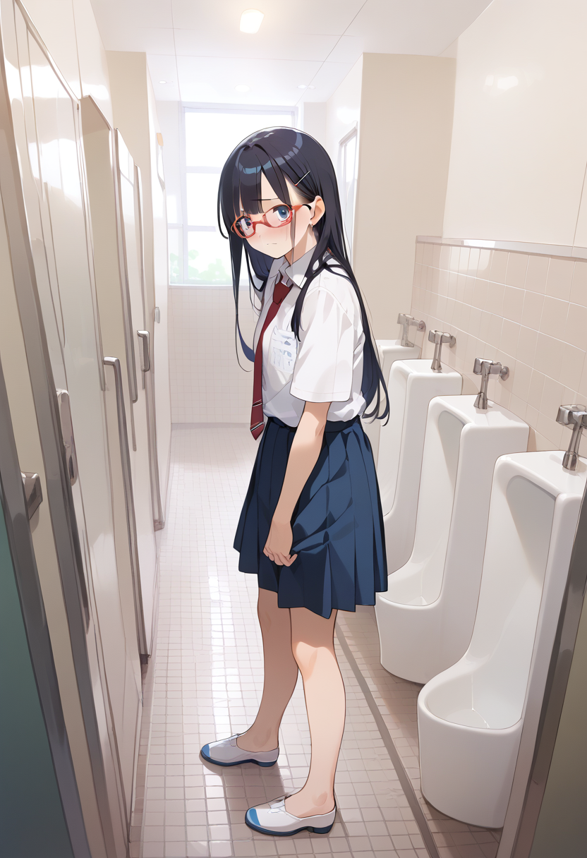 score_9, score_8_up, score_7_up, rating_safe, masterpiece, best quality, absurdres, unity 8k wallpaper, official art, official style, source_anime, game cg, megami magazine,
1girl, solo, glasses, black hair, long hair, blue eyes, collared shirt, red necktie, pleated skirt, blue skirt, looking at viewer, blush, embarrassed, 
koshitsu, door, indoors, toilet paper, tiles, tile floor, scenery, still life, tile wall, 
<lora:danshi_toilet_PONY_V5:0.6>