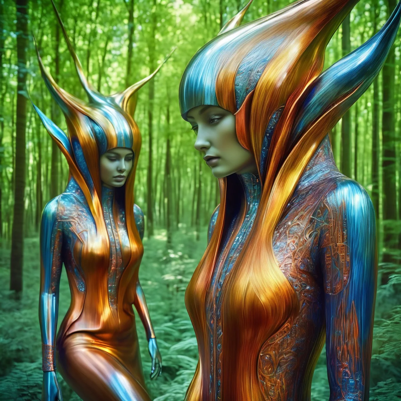 magnificent modern people in a futuristic cs-m3tal-ok_v03-1600 forest, very detailed, intricate, summer color palette