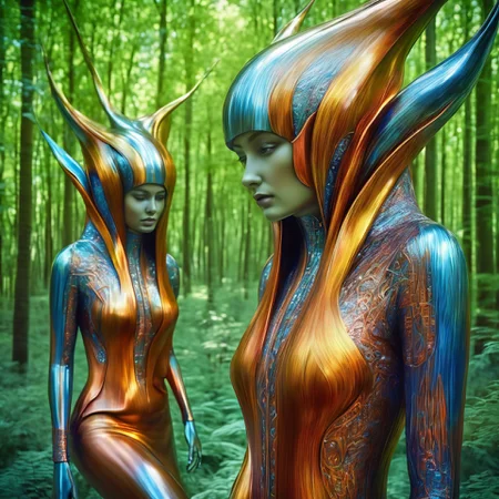 magnificent modern people in a futuristic cs-m3tal-ok_v03-1600 forest, very detailed, intricate, summer color palette