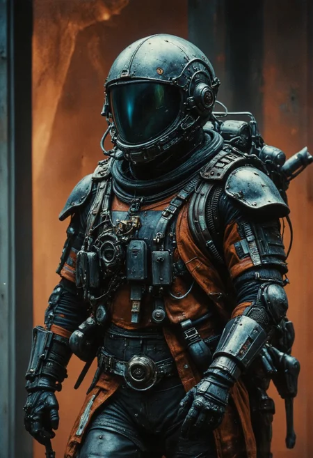 The scene is bathed in dim, atmospheric light, with washed-out neon hues of Grey and orange creating a surreal and moody cybersociety style aesthetic. , This is a highly detailed analog Photo, realistic, The scene depicts a futuristic, sci-fi setting. A Female Samurai dressed in a bulky, outworn orange/black, high-tech spacesuit with a cyberpunk Helmet and goggles, suggesting an astronaut or space explorer. Holding a spatula. The suit features multiple pockets, straps, and a prominent backpack with wires and luminous translucent hoses, indicating it's equipped for a long journey. Volumetric lighting, atmospheric lighting, highly detailed
