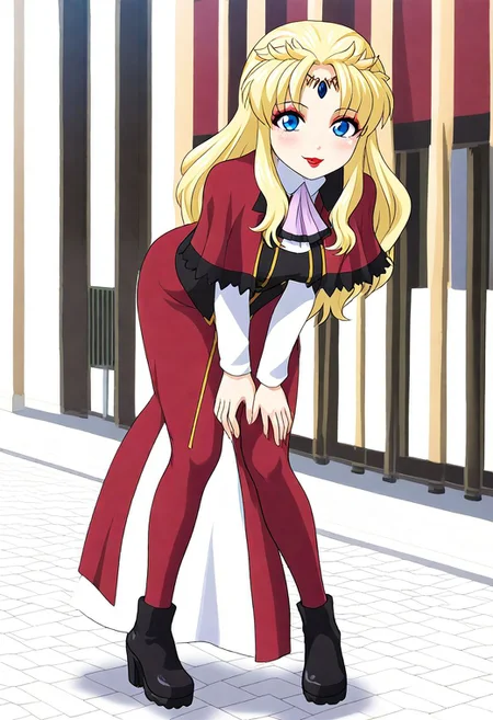<lora:Hyper-SDXL-8steps-lora:1><lora:Fixhands_anime_bdsqlsz_V1:1> zPDXL2, score_9, score_8_up, score_7_up, source_anime, intricate details, perfect anatomy BREAK
1girl, solo, mature female, gsf-aura50yo, blonde hair, blue eyes, circlet, lipstick, makeup, gsf-aura50yo outfit, red capelet, white jacket, red skirt, black shoes, red pantyhose, 
upskirt, leaning forward, Flirty, A playful smile, arched eyebrows, and a slightly tilted head.,
outdoors, city, tokyo, japan,
 <lora:gsf-aura50yo_XL(pony)v10:1>
