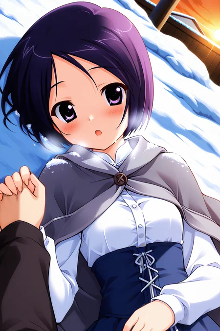 masterpiece, best quality, absurdres, official art, official style, rating general BREAK <lora:katsurazawahonami_IL_v1-2:0.7>, katsurazawa honami, 1girl, solo, purple eyes, purple hair, short hair, bob cut, parted bangs, swept bangs, small breasts BREAK blush, holding hands, solo focus, snow, :o, out of frame, 1boy, open mouth, pov, looking at viewer, interlocked fingers, snowing, breath, pov hands, hetero, upper body, hand on another's shoulder, sunset, dutch angle, outdoors, sweat, winter, small breasts, long sleeves, white shirt, underbust, close-up, buttons, sweatdrop, hand on another's face, blue dress, winter clothes, blue skirt, cold, long skirt, blue corset, cross-laced corset, snow on hair, snow on shoulders, carrying, sunrise, grey capelet, lying, on back, grey cape, grey poncho, layered capelet