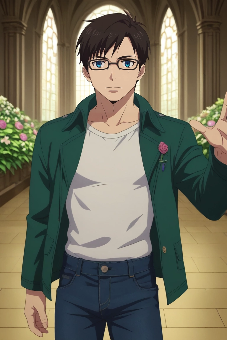 score_9, score_8_up, score_7_up, , rating_safe, , anime screencap, , , looking at viewer, , 1boy, solo, male focus, <lora:yukio_okumura_pony:0.86>, yukio_okumura, black hair, blue eyes, mole, mole under eye, glasses, black-framed eyewear, fairy palace, flower towers, butterfly gardens, light fountains, dancing pose, joyful expression, magical lighting, male Twenty-something Balanced, Berber, Brown eyes, Upswept Ears, Dorsal Hump Nose, Pointed Jaw, Square face shape with Round Forehead, Artistic Tattoos, , Light Auburn Flat top hair, Boredom, wearing Denim shorts, Corduroy jacket, , Fedora,, Hands reaching out, indicating a desire for connection, <lora:sdxl_lightning_8step_lora:1>
