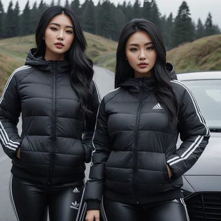 (dark cinematic still, dark vibes) sexy slim skinny two asian curvy women ,unique, wearing a hoodedblack adidas_puffer_jacket, unique hair styles, 8k uhd, dslr, high quality, photorealistic, realism, hyperrealism,  ((car scene)),
<lora:adidas_puffer_jacket_v1:0.3>
