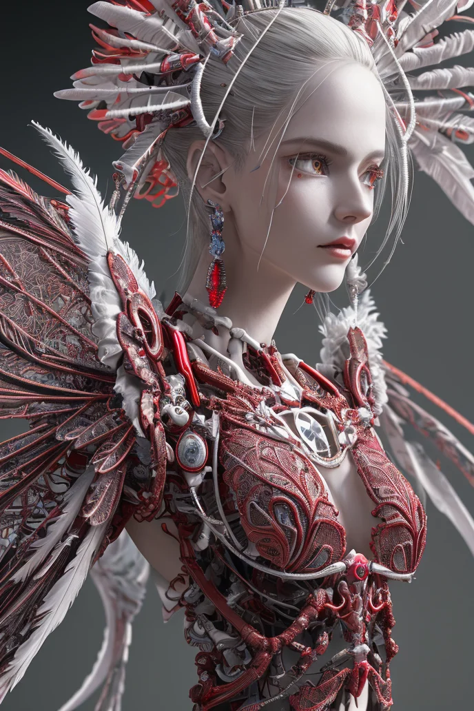 complex 3d render ultra detailed beautiful death angel, biomechanical cyborg, analog 150 mm lens, beautiful natural soft rim light, crystal feathers, roots, fine foliage lace, colorful details, Boris Bidjan Saberi outfit, pearl earrings, piercing, art nouveau fashion embroidered, intricate details, mesh wire, mandelbrot fractal, facial muscles, cable wires, microchip, badass, hyper realistic, ultra detailed, octane render, volumetric lighting, 8k post-production, red and white with a bit of black, detailled metalic bones, semi human, iridescent colors, Glenn Brown style, futuristic room, power of the god, high-angle shot, complex body poses