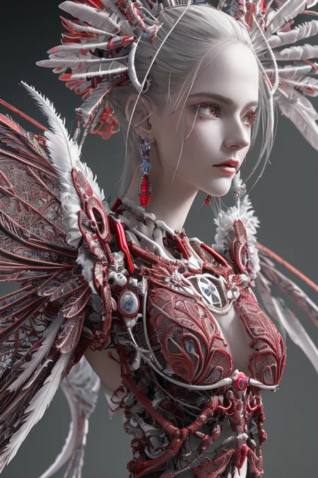 complex 3d render ultra detailed beautiful death angel, biomechanical cyborg, analog 150 mm lens, beautiful natural soft rim light, crystal feathers, roots, fine foliage lace, colorful details, Boris Bidjan Saberi outfit, pearl earrings, piercing, art nouveau fashion embroidered, intricate details, mesh wire, mandelbrot fractal, facial muscles, cable wires, microchip, badass, hyper realistic, ultra detailed, octane render, volumetric lighting, 8k post-production, red and white with a bit of black, detailled metalic bones, semi human, iridescent colors, Glenn Brown style, futuristic room, power of the god, high-angle shot, complex body poses