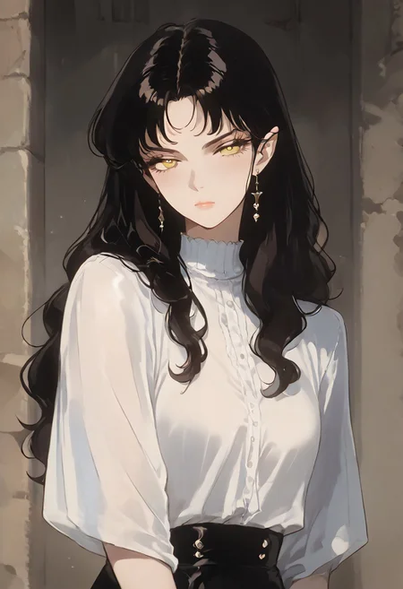 (score_9, score_8_up, score_7_up), source_anime, anime, male, horny, elf, long black hair, deep yellow eyes, classic black vintage outfit, smirk, waist-high, wavy hair, dark background, thick hair, handsome,