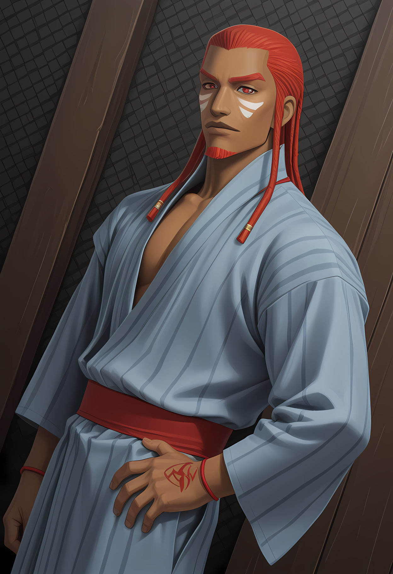 masterpiece, best quality, amazing quality, dutch angle, abstract background, BREAK
1boy, solo, male focus, dds_lupa, long hair, dreadlocks, dark skin, red eyes, facial hair, goatee, yukata, japanese clothing, BREAK
<lora:cfg_scale_boost:.6>  <lora:Lupa_-_Digital_Devil_Saga_-_ILXL:0.8>