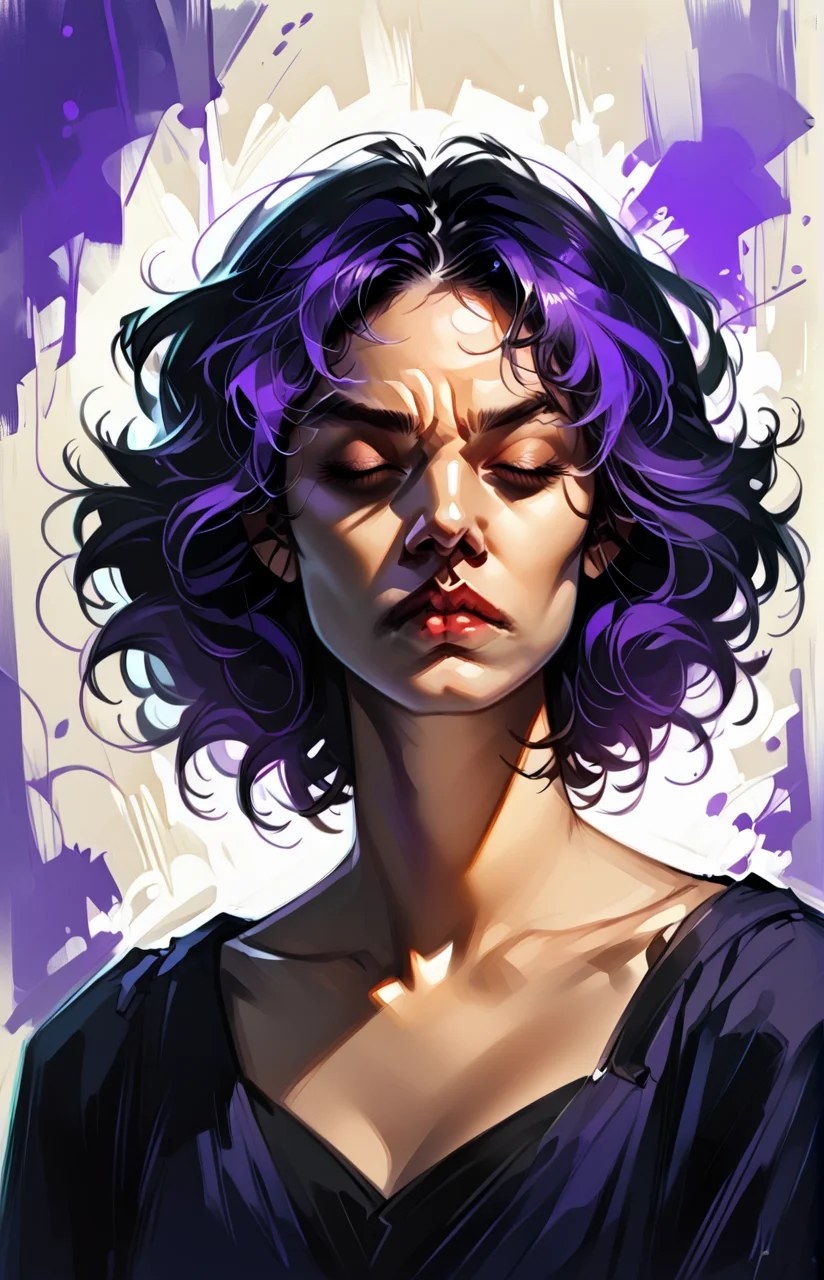 score_9_up, score_8_up, score_7_up ,masterpiece, absurdres, photorealistic, smooth skin,
roubled woman, short messy red hair with uneven bangs, melancholic frown, eyes closed, hands pressed to her temples, abstract background of deep purple and black shadows
<lora:Roxxin_Cute_Style_1.0:0.9>
