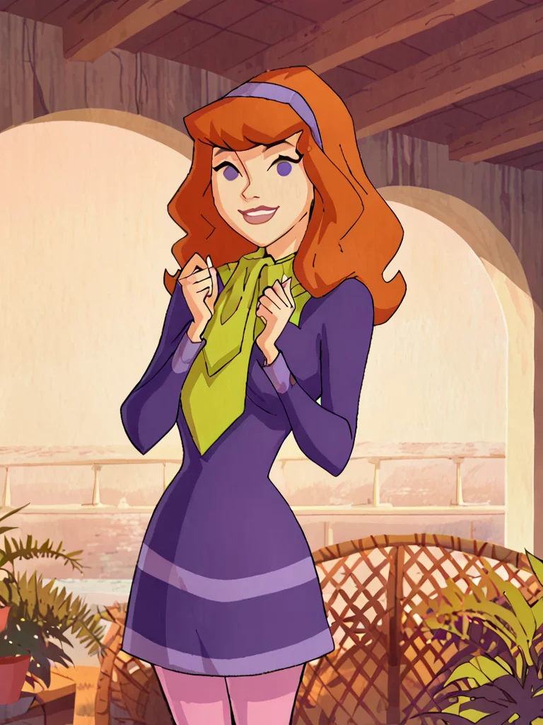 <lora:DaphneMysteryIPony1.0:1> daphneb, 1girl, solo, long hair, hairband, orange hair, purple dress, purple eyes, green scarf, smile, pink pantyhose, cowboy shot, smile, outdoors, looking at viewer, score_9, score_8_up, score_7_up, score_6_up, score_5_up, score_4_up