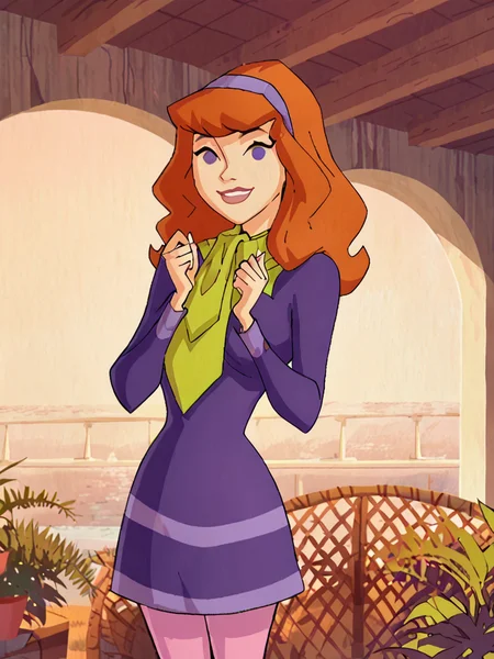 <lora:DaphneMysteryIPony1.0:1> daphneb, 1girl, solo, long hair, hairband, orange hair, purple dress, purple eyes, green scarf, smile, pink pantyhose, cowboy shot, smile, outdoors, looking at viewer, score_9, score_8_up, score_7_up, score_6_up, score_5_up, score_4_up