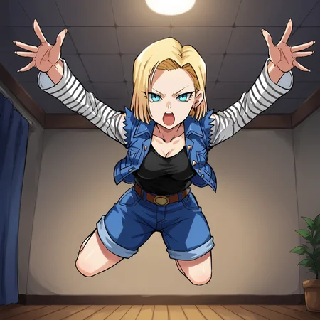 score_9, score_8_up, score_7_up, score_6_up, score_5_up, score_4_up, zPDXL2,source_anime,rating_questionable,1girl, solo, indoors, night, Android 18 <lora:Pounce:0.8> pnc3, pouncing, jumping, arms outstretched, reaching to viewer
