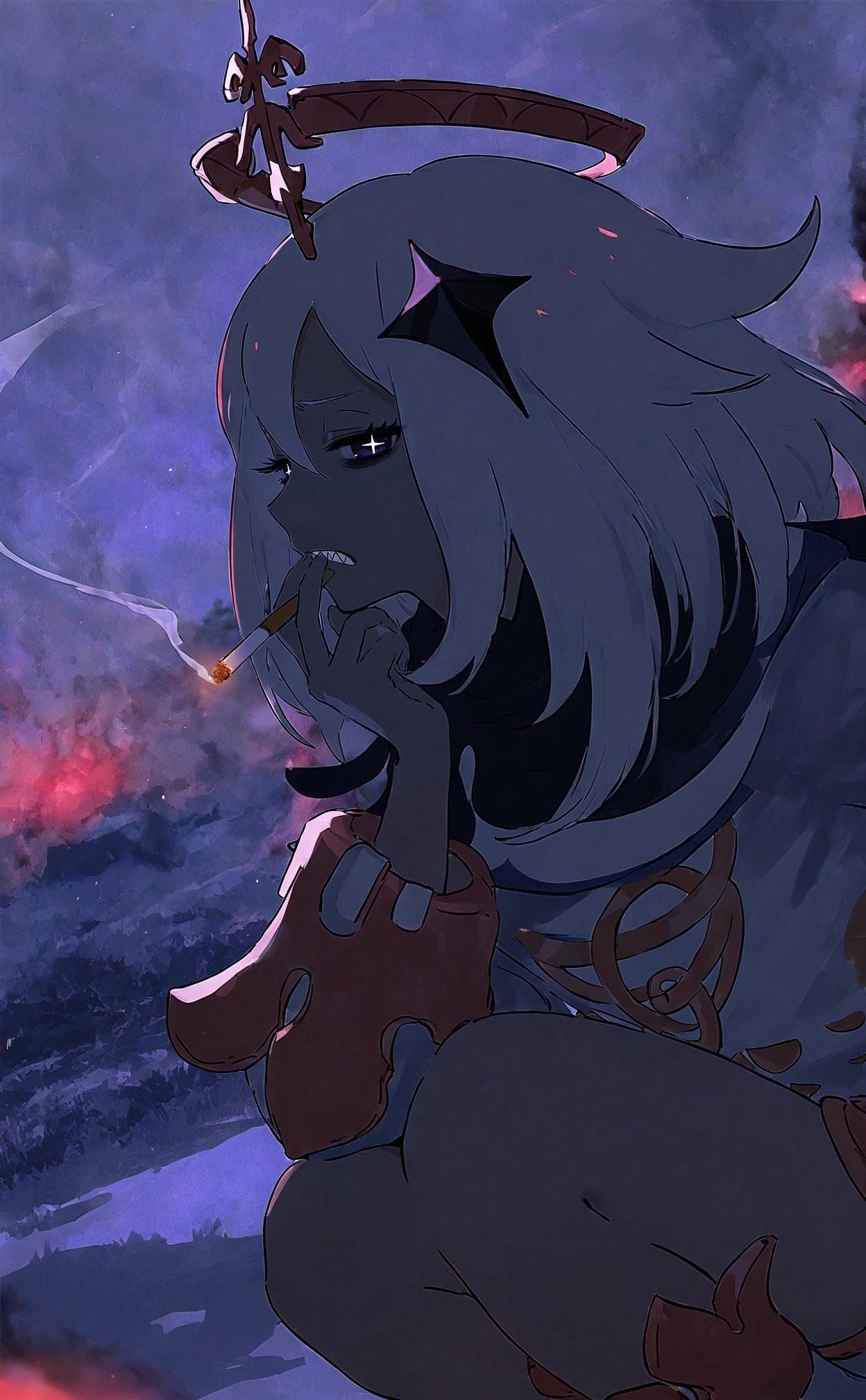 (profile:1.2), (dutch angle:1.2), perspective, cowboy shot,  (squatting:1.2), 
sideways glance,  looking at viewer, (disgust, disappointed, disdain:1.2), paimon \(genshin impact\), solo, 1girl, :|, smoking cigarette, smoke, (sharp teeth:1.2), (half-closed eyes:1.2), + +, wide oval eyes, long eyelashes, thick eyelashes, black eyeliner, bags under eyes, (red night:1.2), (dark purple theme:1.2), (smoke trail:1.2), (raised eyebrow:1.2), white hair, gyaru, backlighting, sidelighting, limited palette,
blurry background, depth of field,
cinematic, outdoors, scenery, 
very awa,  highres, 
<lora:nhl-004:0.7>  nhl-004,