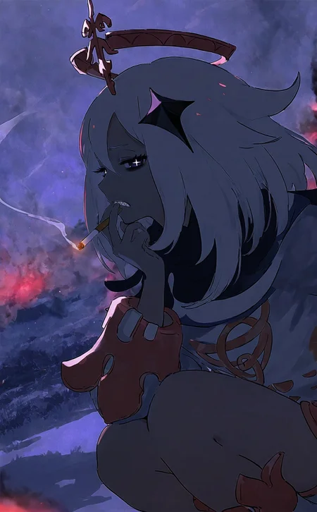 (profile:1.2), (dutch angle:1.2), perspective, cowboy shot,  (squatting:1.2), 
sideways glance,  looking at viewer, (disgust, disappointed, disdain:1.2), paimon \(genshin impact\), solo, 1girl, :|, smoking cigarette, smoke, (sharp teeth:1.2), (half-closed eyes:1.2), + +, wide oval eyes, long eyelashes, thick eyelashes, black eyeliner, bags under eyes, (red night:1.2), (dark purple theme:1.2), (smoke trail:1.2), (raised eyebrow:1.2), white hair, gyaru, backlighting, sidelighting, limited palette,
blurry background, depth of field,
cinematic, outdoors, scenery, 
very awa,  highres, 
<lora:nhl-004:0.7>  nhl-004,
