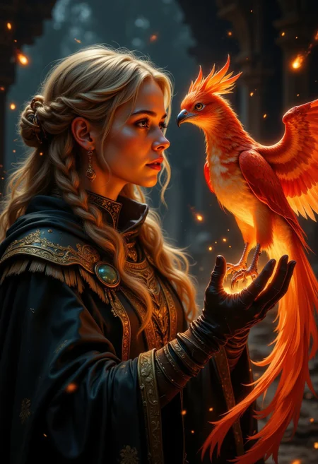 DGC style digital illustration, Magic style,
Close-up. A fair-skinned woman with long, wavy blonde hair adorned with intricate braids and gold accessories. She wears an elaborate, dark, and richly textured cloak with gold embroidery and feather detailing on the shoulders. Her expression is serene and focused as she gazes at the vibrant mythical phoenix perched on her gloved hand. The phoenix is depicted with fiery red and orange feathers, exuding a warm glow that illuminates the scene. The background is a blurry, dark place with floating embers, enhancing the mystical atmosphere.