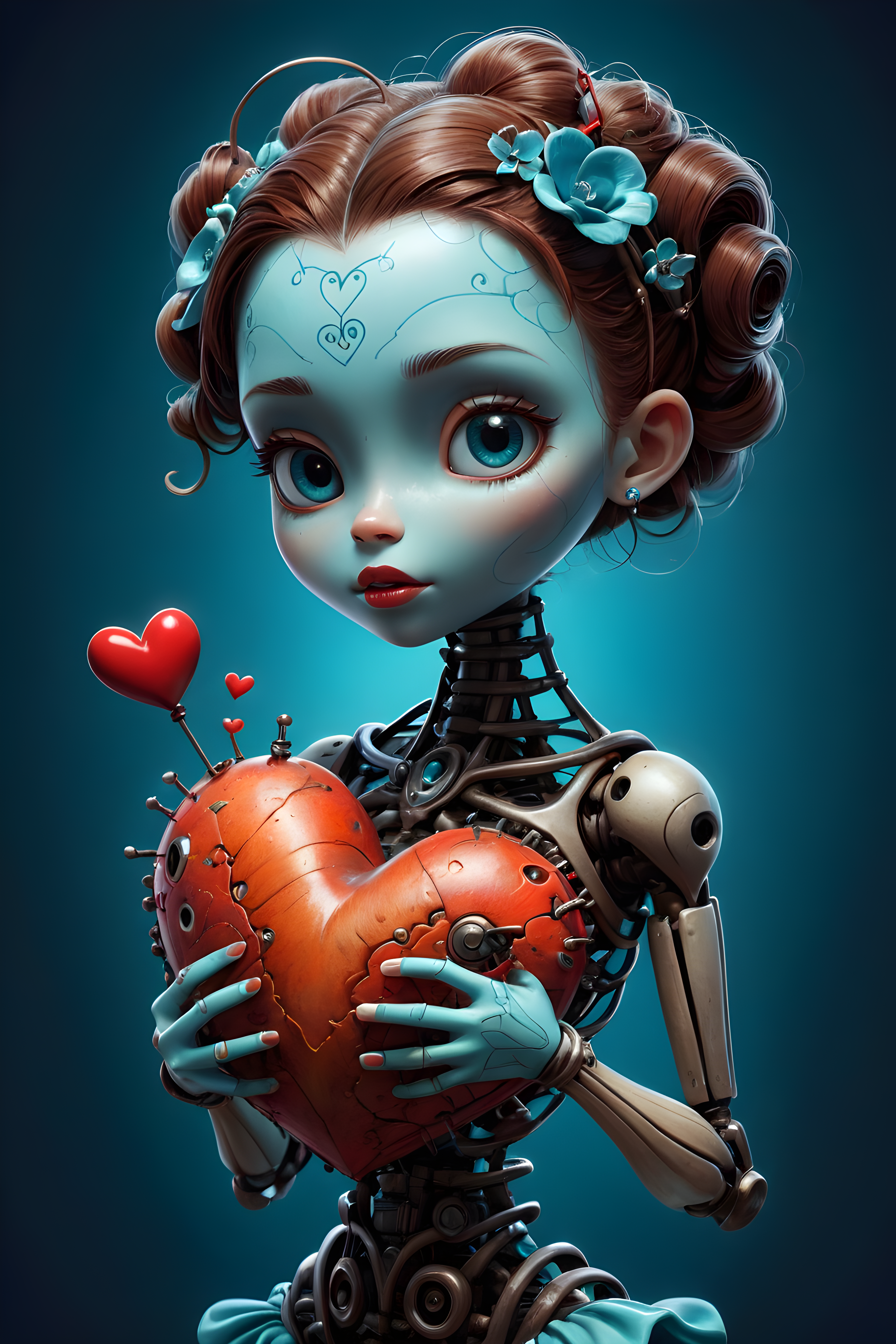 a very cute little voodoo-doll holding a heart, by Tadeusz Brzozowski, zbrush central contest winner, pop surrealism, brown and cyan color scheme, intricate image, voodoo”, stitches, wide eyed, profile pic, benjamin lacombe, iphone background, very cute and childlike, caretaker, remove, 50, very very intricate, mike, by Brian M. Viveros, by Pixar Concept Artists, by Ed Roth, by Jeff Koons, by Brandon Woelfel, by Ryohei Hase, by Shawn Coss, by Banksy, by Anna Füssli, generative art, body with black and red lava, 3d fractal, beautiful bone structure, made entirely from gradients, intricate skin pattern texture, cervix awakening, jen bartel, digitalt art, amazing depth, biomorphic, a photorealistic painting, inspired by Grytė Pintukaitė, instagram, photorealism, with vestiges of rusty machinery, watercolor inpaint, 🤠 using a 🖥, airbrush on canvas, rugged, complex composition!!, museum piece, colourised, metal art, desaturated!! super, max dennison nightsky, stars, stunning, something that even doesn't exist, mythical being, energy, molecular, textures, iridescent and luminescent scales, breathtaking beauty, pure perfection, divine presence, unforgettable, impressive, breathtaking beauty, Volumetric light, auras, rays, vivid colors reflects ,3d style
