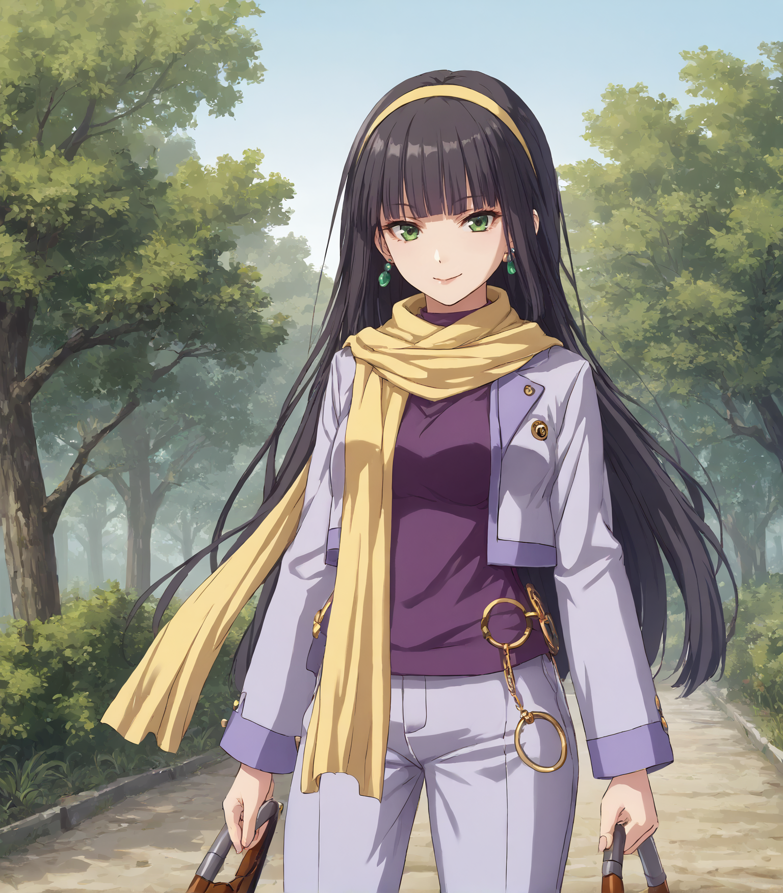 score_9, score_8_up, score_7_up, score_6_up, score_5_up, score_4_up, BREAK source_anime,
1girl, solo,  cowboy shot ,  looking at viewer, smile, outdoors, sky, trees,
<lora:pottsness_style_xl:0.7>, <lora:rhasta:0.6>, <lora:piromizu_2:0.6>, <lora:MeMaXL_V3:0.6>, 
 <lora:KilikaRouranZero:0.9>, Kilika Rouran, black hair, long hair, blunt bangs, yellow hairband, green eyes, medium breasts, jewelry, earrings, lavender jacket, purple shirt, scarf, lavender pants, purple shoes,
