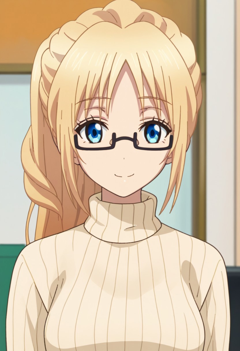 score_9, score_7_up, source_anime
ChisatoMizusawa, 1girl, solo, blue eyes, glasses, blonde hair, long hair, ponytail, sweater, ribber weater, turtleneck, smile,
indoor,