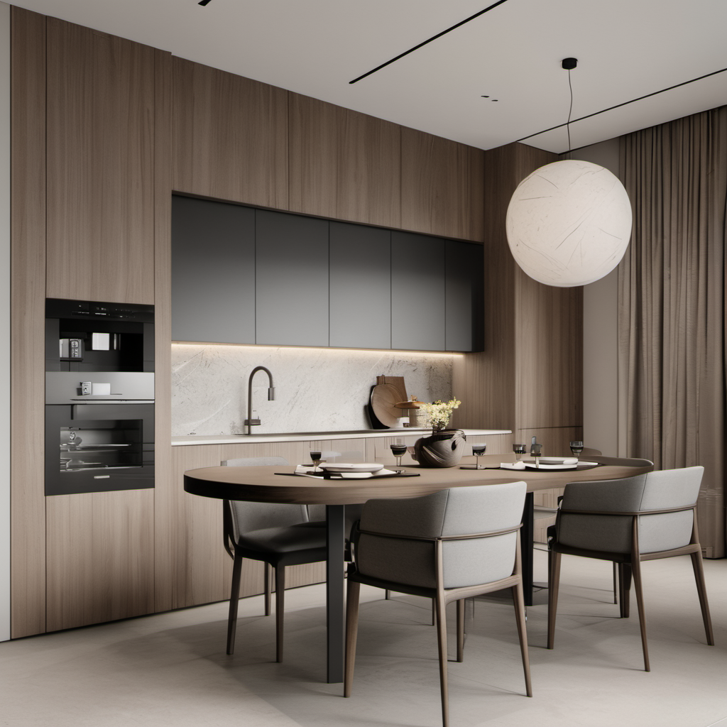 wd,wall panels,still life,windows,curtains,shutters,track lights,best quality,masterpiece,high quality,reality,realistic,ultra-fine,full details,8k,round dining table,chair,kitchen,dining room,electrical cabinet,refrigerator,