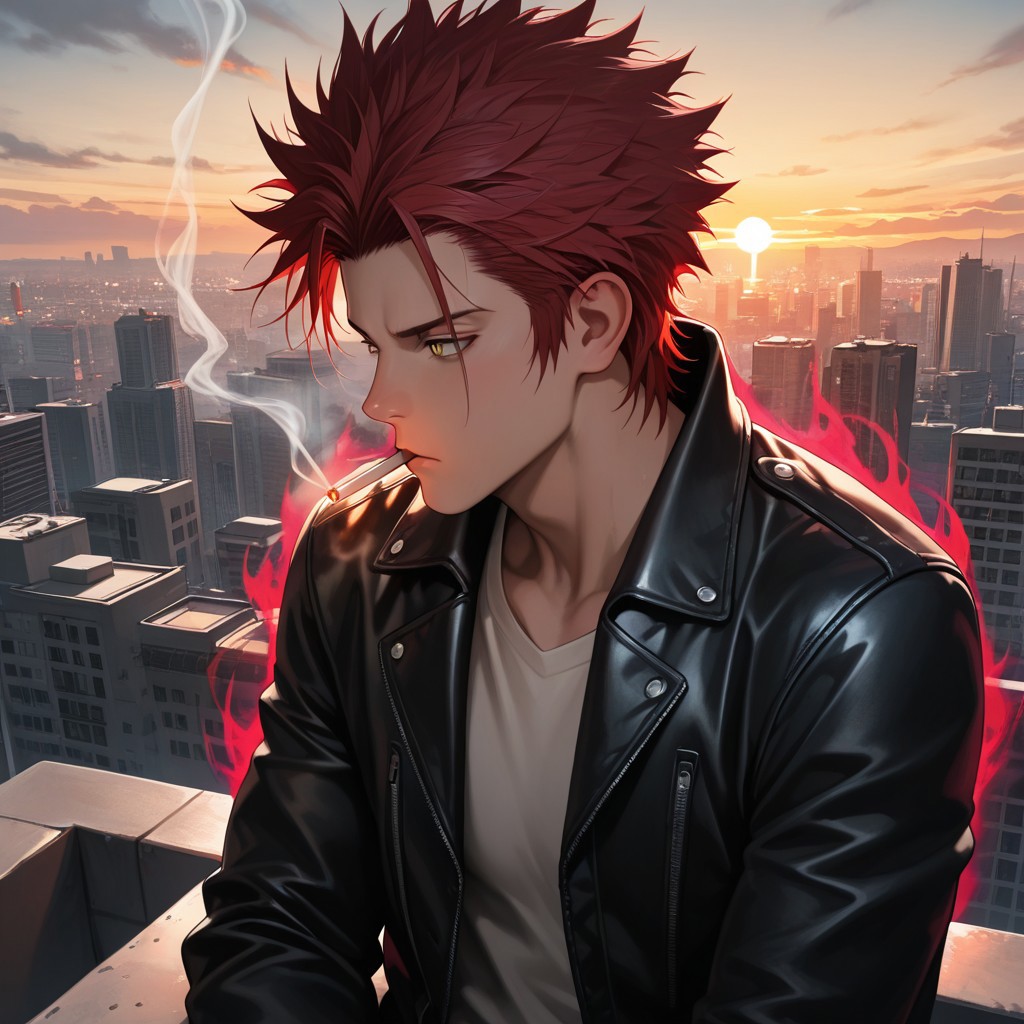 masterpiece, best quality, amazing quality, absurdres, newest, detailed background, definition so sharp, Ultra-HD, 8K cinematic, very awa, impressionate, amazing quality, highres, 
solo, male focus, manly, 
1boy, spiked hair, short hair, mikoto_red hair, mikoto_yellow eyes, mikotosuoh, profile, looking away, thoughtful expression,casual wear, leather jacket, rooftop, city skyline, sunset, wind, cigarette, smoke, deep in thought, powerful aura, silent threat