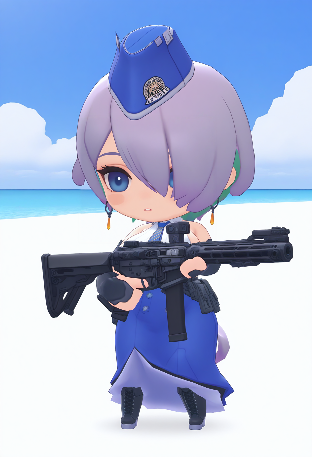 best hands, 5 fingers<lora:mn_brid_IL1.6:0.8> 
mn_brid, chibi, 1girl, solo, very long Light purple hair, huge breasts, sidelocks, low ponytail, hat, multicolored hair,
bare shoulders, necktie, blue skirt, sideboob, low ponytail, blue striped necktie, elbow gloves, long skirt, high-waist skirt, holster, belt pouch, pantylines, sideless shirt, black boots, sleeveless shirt,
BREAK Platform, day, cloud, outdoors, holding Assault Rifle,