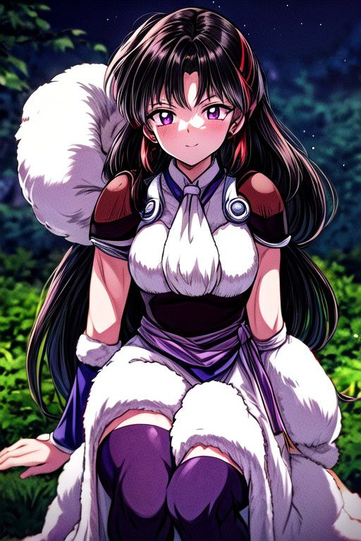 masterpiece,  best quality 1girl Setsun4 solo long hair,  (night time) forest background black hair very long hair purple eyes multicolored hair armor (fur trim) (medium body),<lora:EMS-179-EMS:0.800000>,<lora:EMS-293862-EMS:0.800000> bow, hair_bow, hair_tubes, red_bow, brown_hair, long_hair, bangs, ascot, frilled_bow, yellow_ascot, blush, smile, hair_between_eyes, athletic, armor