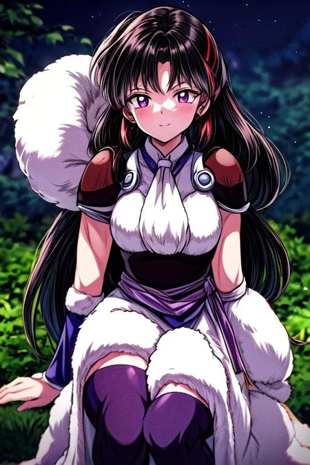 masterpiece, best quality 1girl Setsun4 solo long hair, (night time) forest background black hair very long hair purple eyes multicolored hair armor (fur trim) (medium body),<lora:EMS-179-EMS:0.800000>,<lora:EMS-293862-EMS:0.800000> bow, hair_bow, hair_tubes, red_bow, brown_hair, long_hair, bangs, ascot, frilled_bow, yellow_ascot, blush, smile, hair_between_eyes, athletic, armor