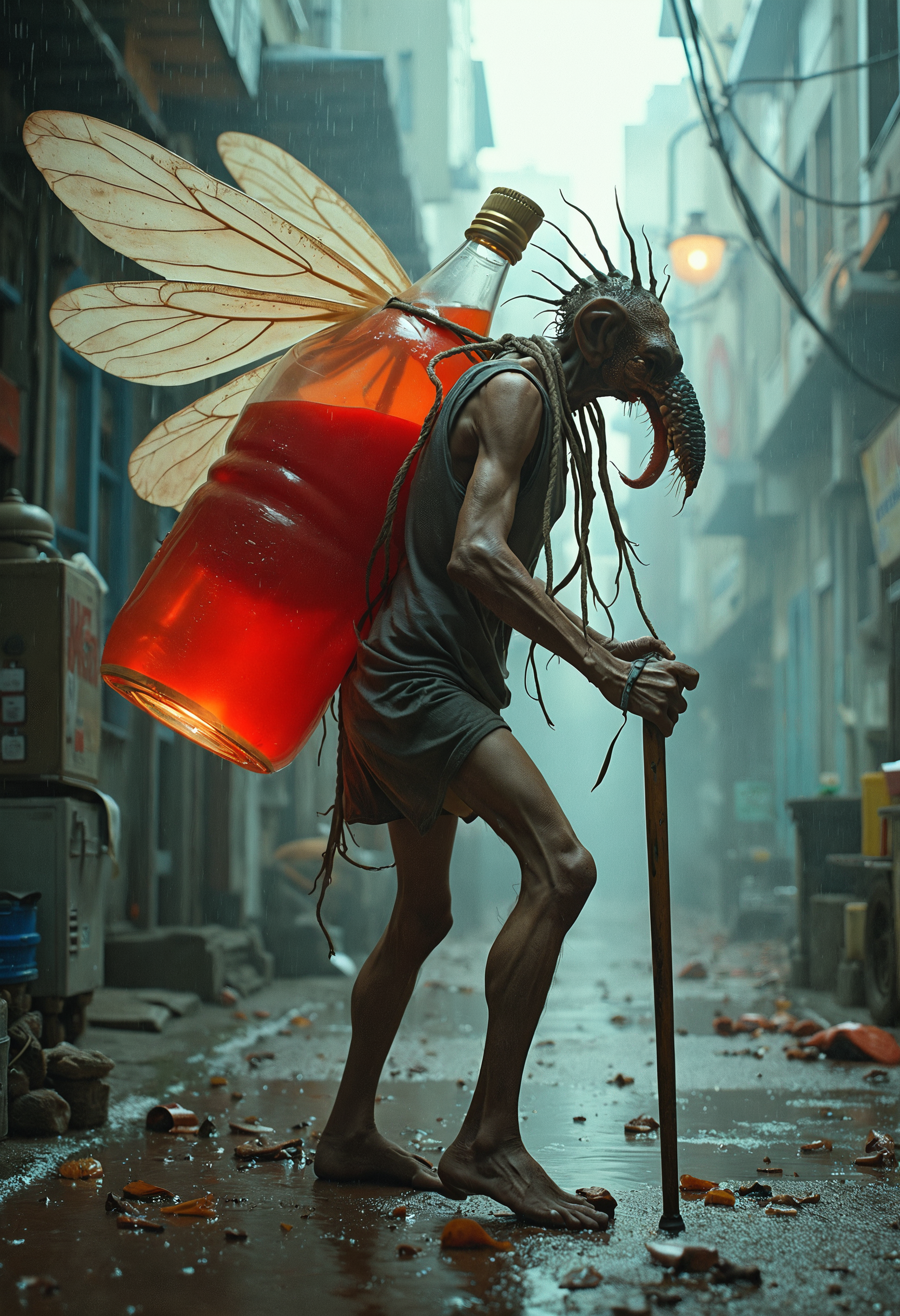 A very old, skinny, slender, bent insect man, full-length, in shorts, bent back, very long, sharp nose, has hoisted a giant, transparent, very thick bottle of transparent red juice onto his back, the bottle is tied to his back with a rope, walks, leans on a wooden cane, giant, very long, transparent mosquito wings, grotesque, double multi-plane exposure, on a dark, foggy, blurry background, dirt, dust, scratches, garbage, rain, horror, caricature, photorealism.