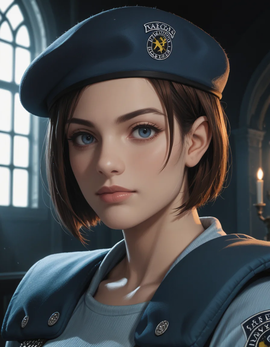 score_9, score_8_up, score_7_up, score_6_up, score_5_up, score_4_up, source_anime, realistic, photoshop \(medium\), <lora:REJill_t1-000022-128:1.0> RE1Jill, blue eyes, brown bob cut, beret, close-up, shoulder pads
, dark environment, mansion, indoors, moody lighting