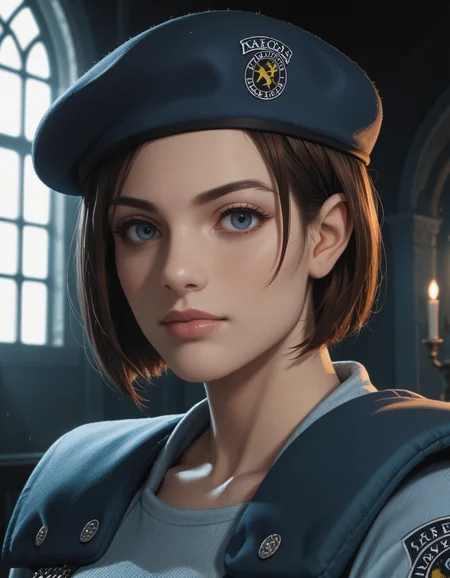 score_9, score_8_up, score_7_up, score_6_up, score_5_up, score_4_up, source_anime, realistic, photoshop \(medium\), <lora:REJill_t1-000022-128:1.0> RE1Jill, blue eyes, brown bob cut, beret, close-up, shoulder pads
, dark environment, mansion, indoors, moody lighting