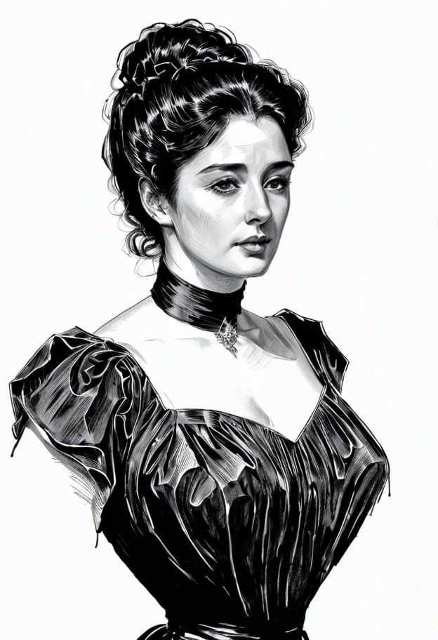 medium shot, portrait, looking at viewer , black ink drawing of  j3nn1f3r8xl woman, negative space, artful composition, full bust, dress, monochrome, line art illustration by g1bs0n  <lora:Gibson_XL:1>
 <lora:xl_more_art-full_v1:0.0> <lora:Jennifer8XL:1>