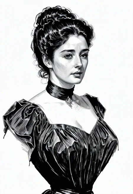 medium shot, portrait, looking at viewer , black ink drawing of  j3nn1f3r8xl woman, negative space, artful composition, full bust, dress, monochrome, line art illustration by g1bs0n  <lora:Gibson_XL:1>
 <lora:xl_more_art-full_v1:0.0> <lora:Jennifer8XL:1>