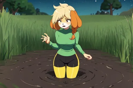 isabelle \(animal crossing\), (masterpiece, best quality:1.15), 1girl, solo, large breasts, high cheekbones, thick eyebrows, small mouth, looking to the side, leaning forward, adjusting clothes, tight leggings, green crop top shirt, starry nights, long hair, twin short braids, scared, partially submerged, struggling, farmland bog, quicksand, worried, sinking