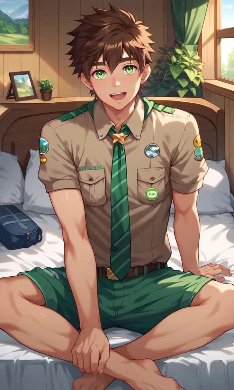 score_9, score_8_up, score_7_up, masterpiece, best quality, lots of details, ((1boy)), Keitaro, solo, male focus, open mouth, light smile, brown shirt, green shorts, necktie, shaded, short sleeves, sitting, on bed, detailed shading, detailed skin, shaded skin, realistic shading, looking at viewer, Expressiveh, countershading:1.1, scout cabin, single bed, indoors plants, indoors, <lora:add-detail-xl:0.7>, <lora:Smooth Anime 2 Style SDXL_LoRA_Pony Diffusion V6 XL:0.8>, <lora:Expressive_H:0.8>, <lora:Keitaro_XL_V10_OPT:0.9>