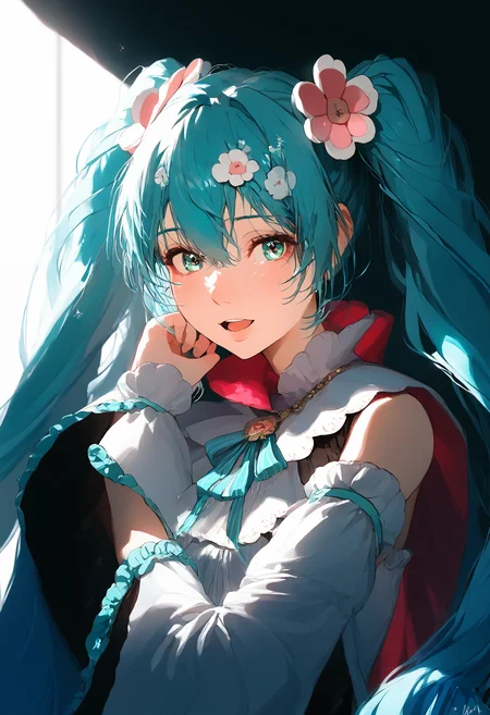 score_9,score_8_up,score_7_up,,source_anime BREAK, upper body , 1girl, solo,looking at viewer,, MHM21, hatsune miku, hair ornament, flower, twintails, magical mirai miku, long hair, detached sleeves, open mouth, aqua hair, smile, very long hair, wide sleeves, medallion, white sleeves, aqua ribbon, aqua eyes, cape, hair between eyes s1_dram <lora:ãã¸ã«ã«ãã©ã¤2021:1>,<lora:S1_Dramatic_Lighting_v2:0.8>,<lora:incase_style_v3-1_ponyxl_ilff:1>