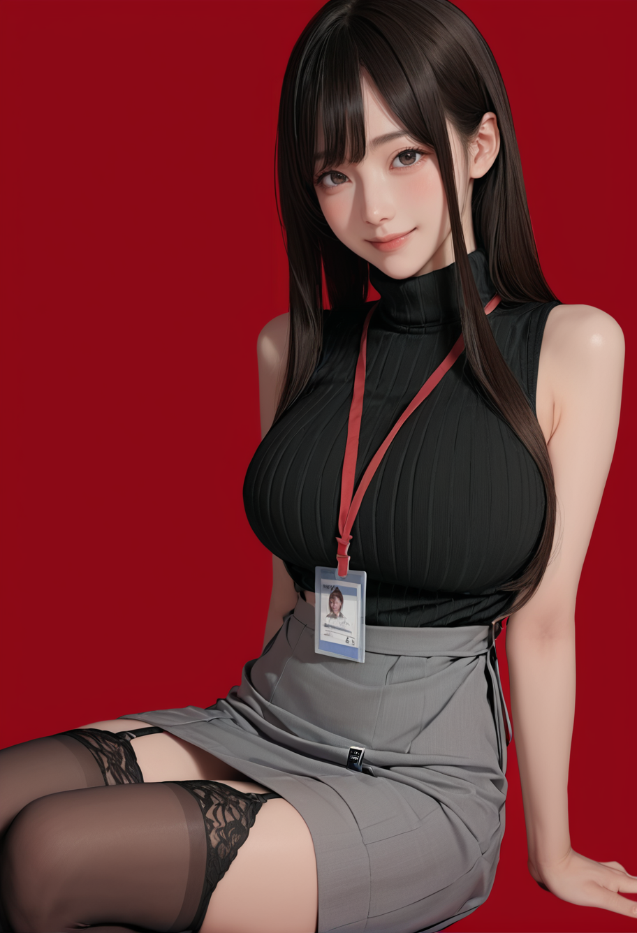 1girl,solo,red background,,ruanyi0897,black thighhighs,garter straps,turtleneck,id card,lanyard,sleeveless,grey skirt,<lora:0897 Home wear 3_v1_pony:1>, score_9, score_8_up, score_7_up, score_6_up, score_9, score_8_up, score_7_up, score_6_up source_anime, blush, 1girl, seduce smile, perfect body , natural huge breasts