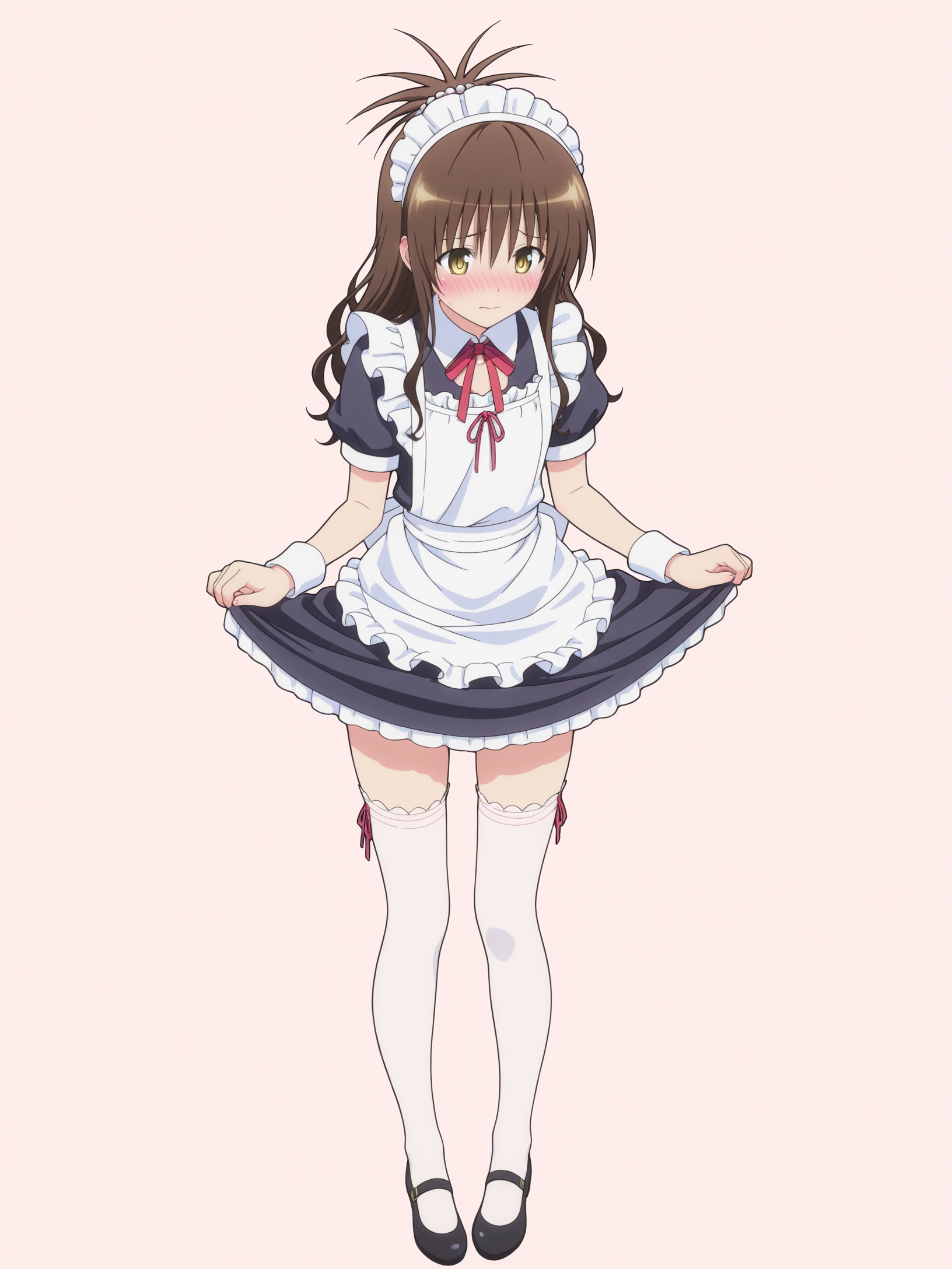 <lora:yuuki mikanv2:1>,mikan,5 fingers,full body,maid,skirt lift,thighhighs,standing,shy,
