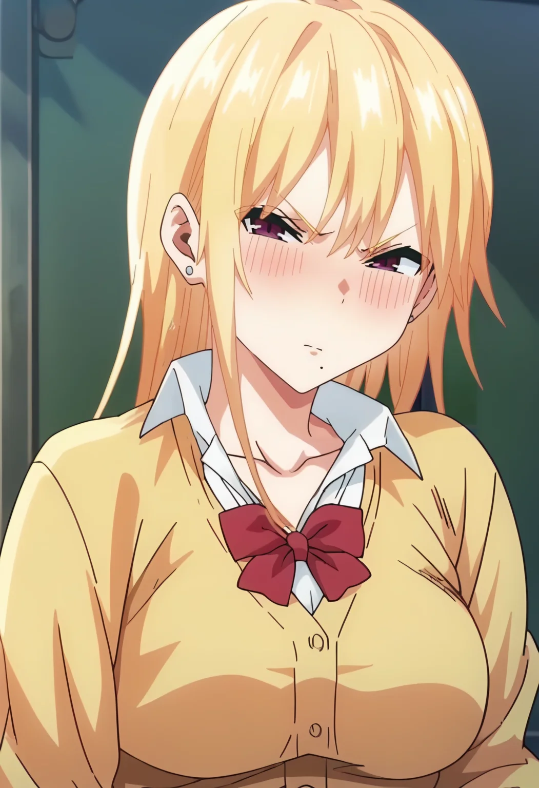 <lora:Haruka :0.9>Haruka, 1girl, blonde hair, jewelry, blush, earrings, looking at viewer, long hair,solo, purple eyes, large breasts, mole under mouth,v-shaped eyebrows, school uniform, cardigan, red bow, mole,white shirt, collared shirt, red bowtie, score_9, score_7_up,anime coloring ,source_anime, anime, anime screencap