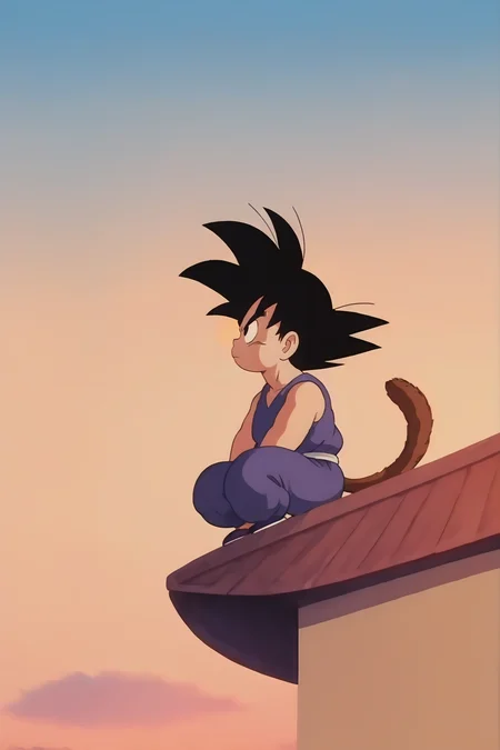 source_anime, score_9, score_8_up, score_7_up, anime screencap,8k, absurd res, son goku, solo, shirt, black hair, 1boy, sitting, closed mouth, tail, full body, flower, male focus, outdoors, ((sky)), cloud, black eyes, frown, cloudy sky, looking up, spiked hair, star, sunset, serious, mountain, looking afar, dougi, evening, gradient sky, orange sky, monkey tail, sunrise, white sash, hands on foot, sitting on roof, v-shaped eyebrows, male child, from side, shoes, blue pants, blue topwear, black footwear, sleeveless
<lora:gokudb_pony_v3:0.8>